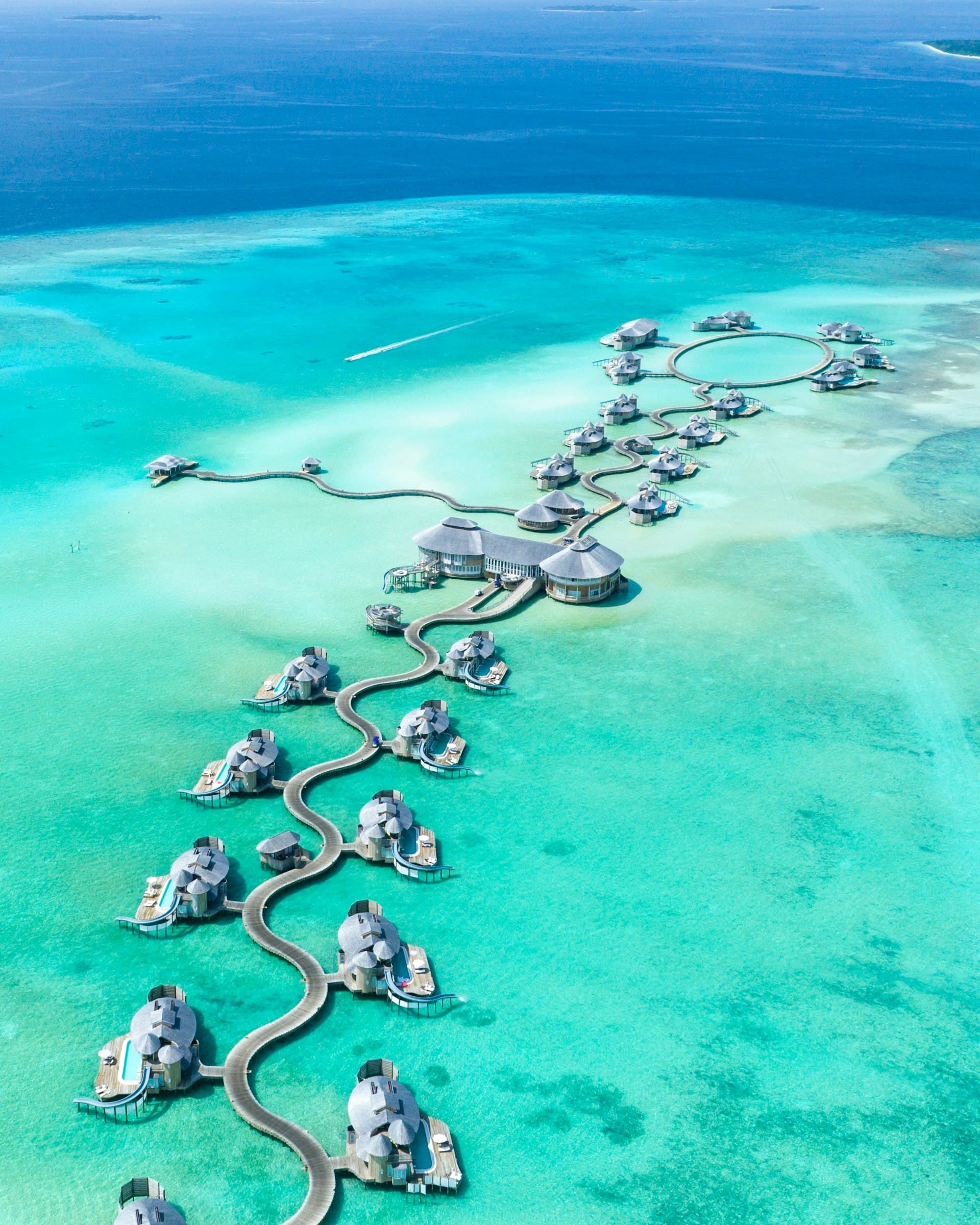 Overwater bungalows in the Maldives at sunset