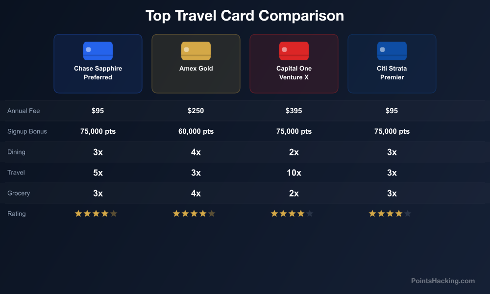 Card comparison table showing sign-up bonuses, annual fees, and best redemption values